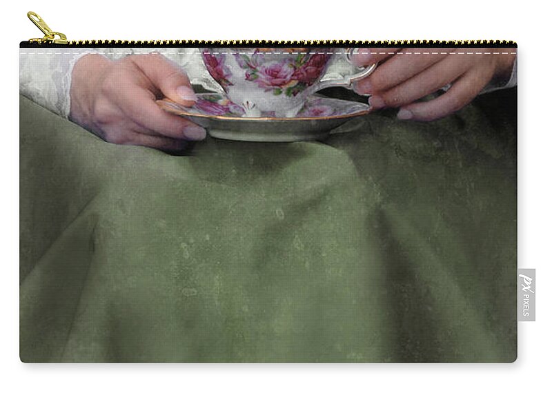 Woman Zip Pouch featuring the photograph Victorian Woman Holding a Tea Cup by Jill Battaglia