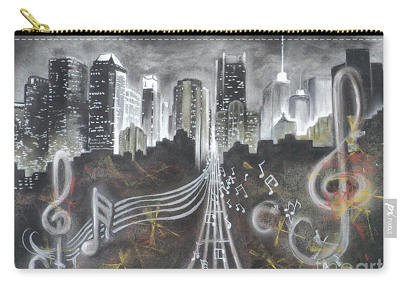 Citiy Zip Pouch featuring the drawing Where the Music Never Sleeps by Carla Carson