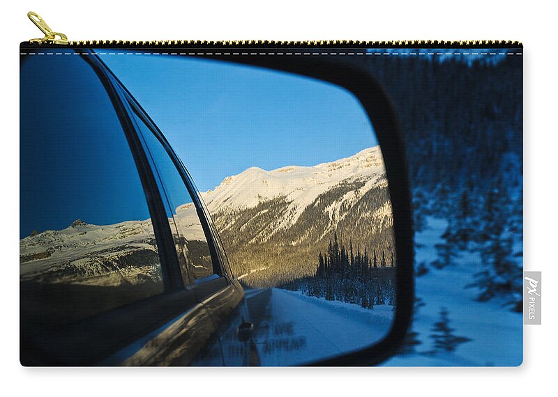Alp Zip Pouch featuring the photograph Winter landscape seen through a car mirror by U Schade