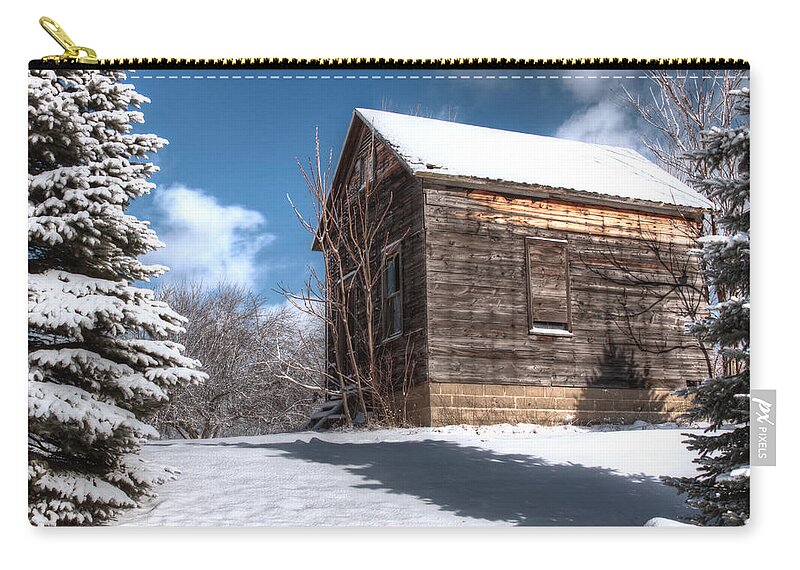Winter Shed Zip Pouch featuring the photograph Winter Shed by Richard Gregurich