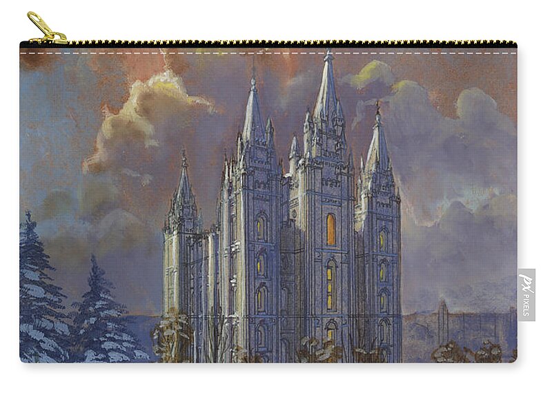 Salt Lake Temple Zip Pouch featuring the painting Winter Solace by Jeff Brimley