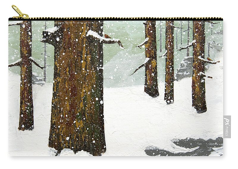 Pine Trees Zip Pouch featuring the painting Wintering Pines by L J Oakes