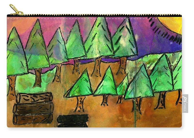 Trees Zip Pouch featuring the mixed media Woods Cut Logs And A Sunset by Tim Nyberg