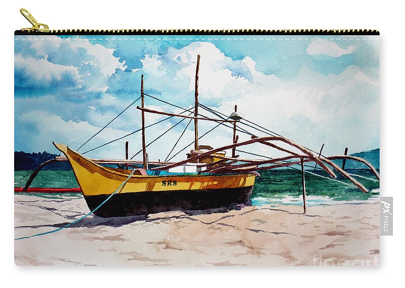 Boat Zip Pouch featuring the painting Yellow Boat Docking on the Shore by Christopher Shellhammer