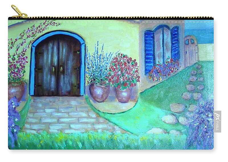 House Zip Pouch featuring the painting Yellow House with Blue Shutters by Laurie Morgan