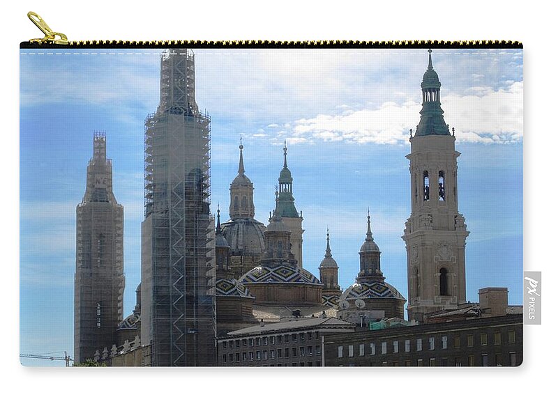 Zaragoza Zip Pouch featuring the photograph Zaragoza Plaza Ancient Bell Tower and Church Renovation in Spain by John Shiron