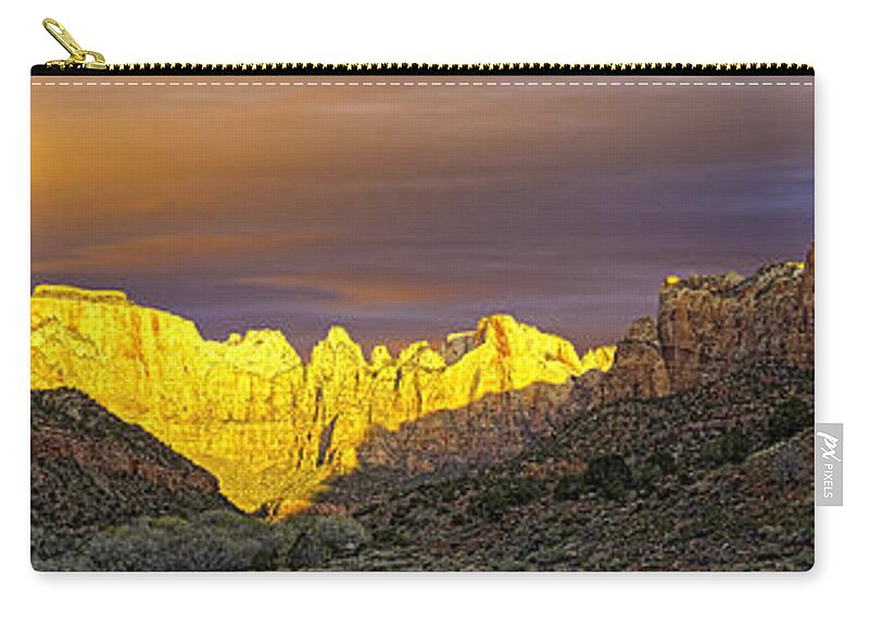 Zion Zip Pouch featuring the photograph Zion National Park Dawn behind the visitors' center by Fred J Lord
