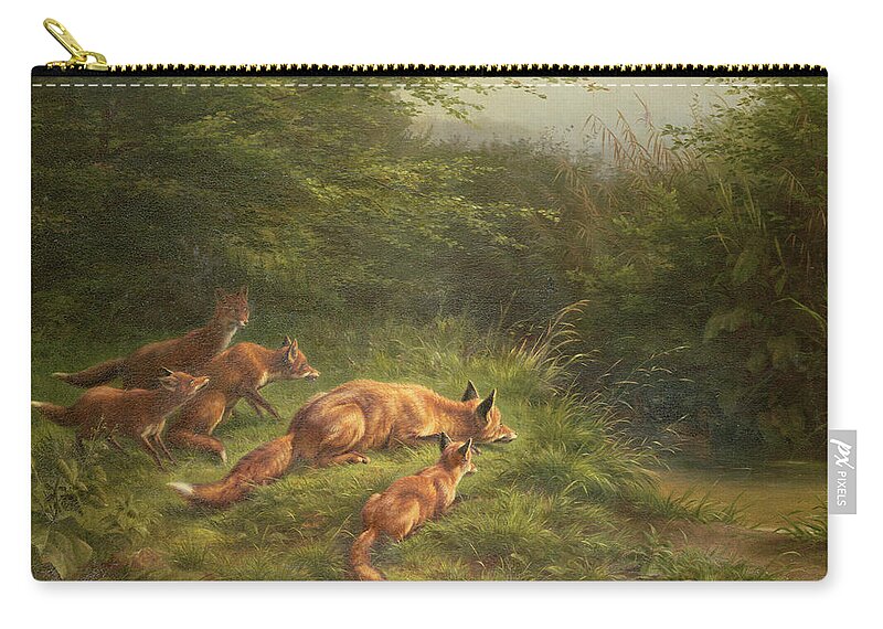 Foxes Zip Pouch featuring the painting Foxes waiting for the prey by Carl Friedrich Deiker by Carl Friedrich Deiker