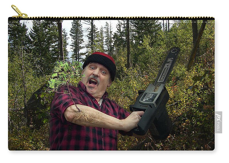 Surrealism Fantastic+realism Cloning Parasites Lumberjack Chainsaw Selfportrait Zip Pouch featuring the digital art I am a Lumberjack I am OK by Otto Rapp
