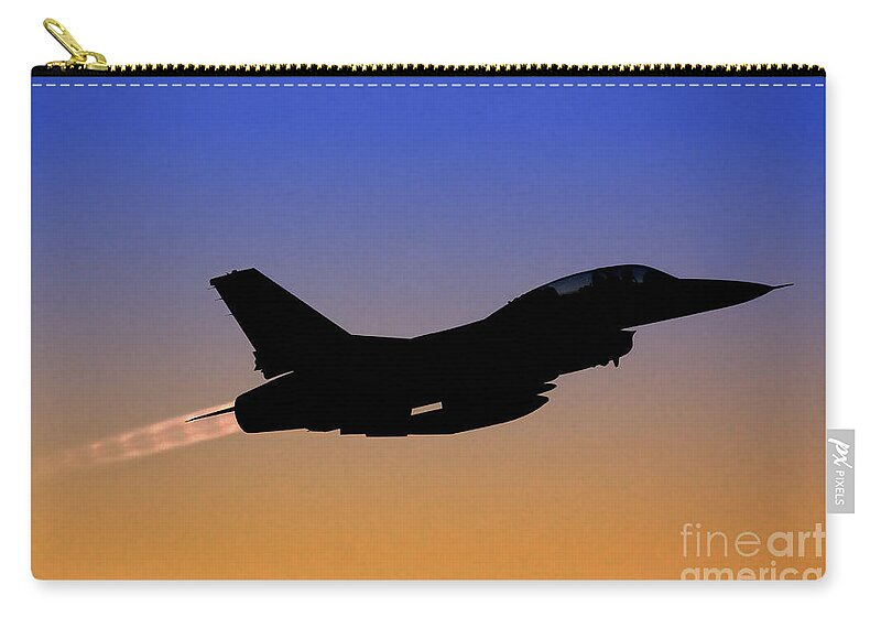 Aircraft Zip Pouch featuring the photograph IAF F-16B Fighter jet at sunset by Nir Ben-Yosef