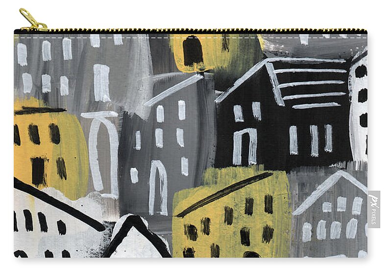 Houses Zip Pouch featuring the painting Rainy Day - Expressionist Art by Linda Woods