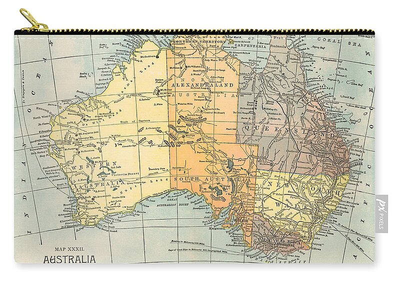 1890 Zip Pouch featuring the drawing MAP OF AUSTRALIA, c1890 by Granger