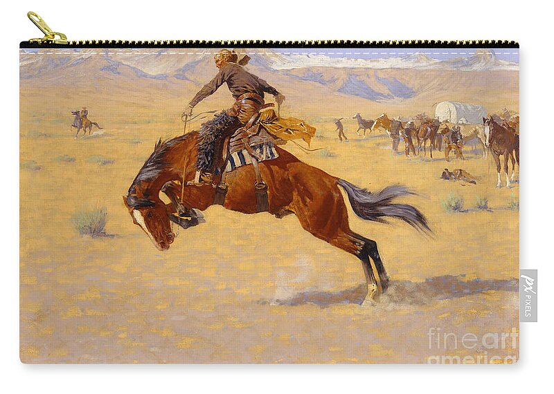 Cowboy; Horse; Pony; Rearing; Bronco; Wild West; Old West; Plain; Plains; American; Landscape; Breaking; Horses; Snow-capped; Mountains; Mountainous Zip Pouch featuring the painting A Cold Morning on the Range by Frederic Remington