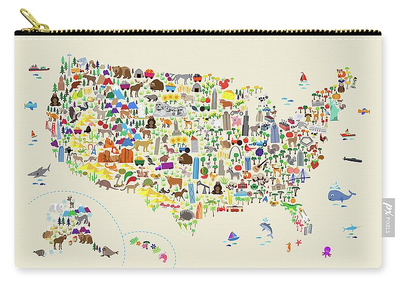 Usa Map Zip Pouch featuring the digital art Animal Map of United States for children and kids #1 by Michael Tompsett