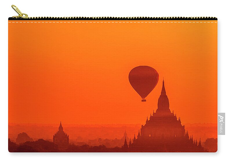 Travel Zip Pouch featuring the photograph Bagan pagodas and hot air balloon #1 by Pradeep Raja Prints