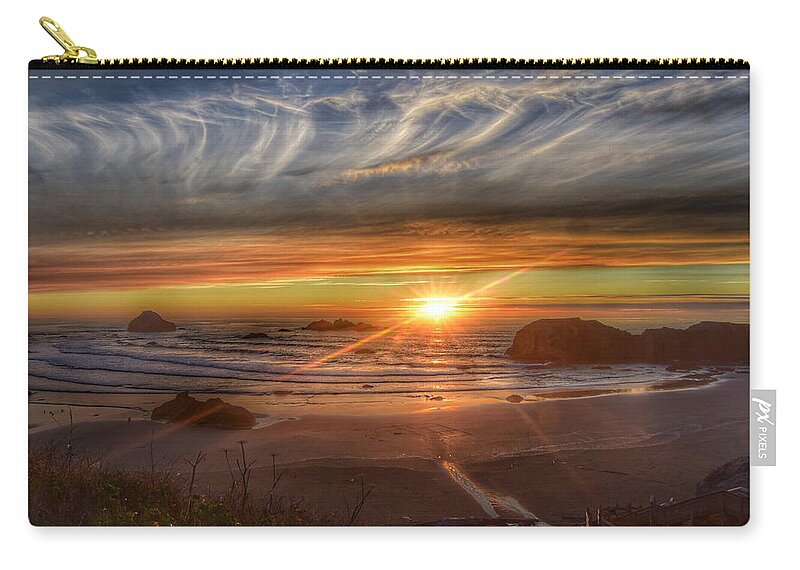 Bandon-oregon Zip Pouch featuring the photograph Bandon Sunset by Bonnie Bruno