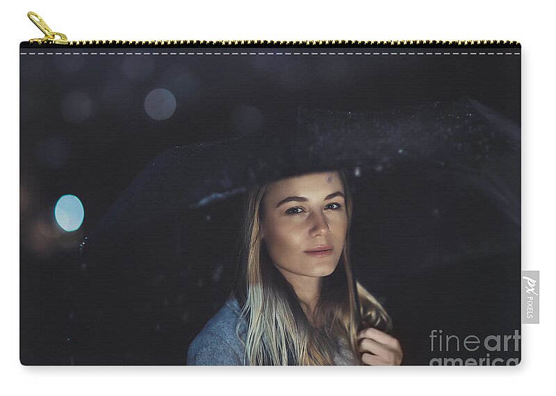 Adult Zip Pouch featuring the photograph Beautiful woman at rainy night #1 by Anna Om