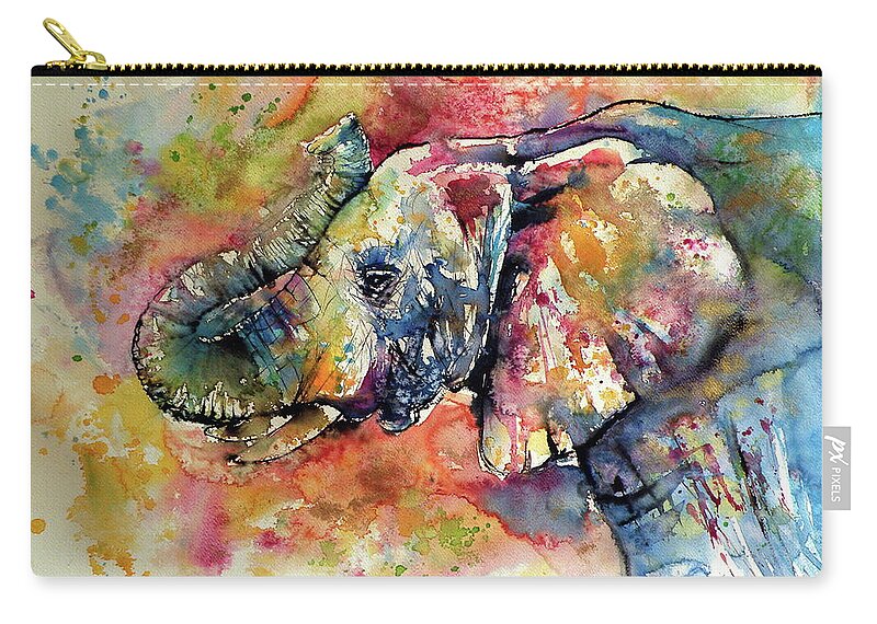 Elephant Carry-all Pouch featuring the painting Big colorful elephant by Kovacs Anna Brigitta