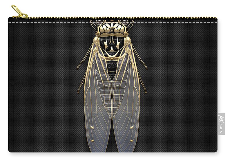 Beasts Creatures And Critters By Serge Averbukh Zip Pouch featuring the photograph Black Cicada with Gold Accents on Black Canvas #1 by Serge Averbukh