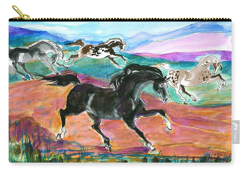 Mary Ogden Armstrong Zip Pouch featuring the painting Black pony #1 by Mary Armstrong
