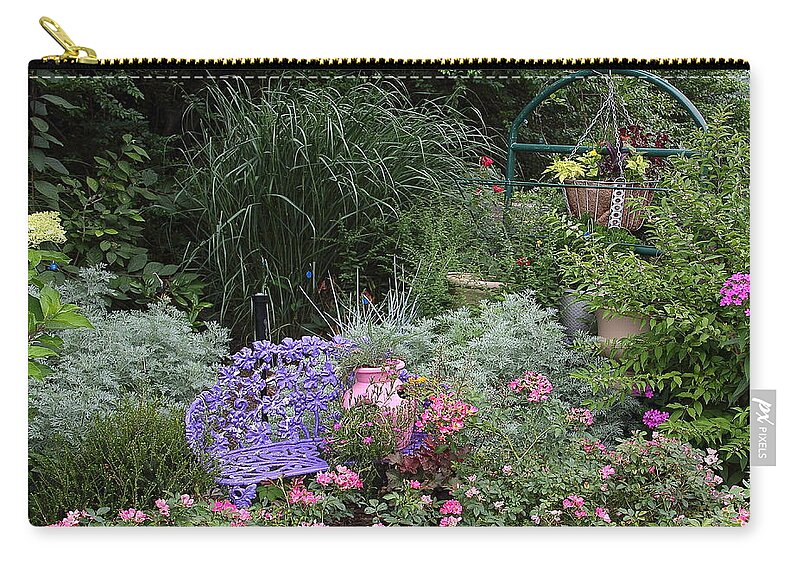 Bench Zip Pouch featuring the photograph Blue Garden Bench #1 by Allen Nice-Webb