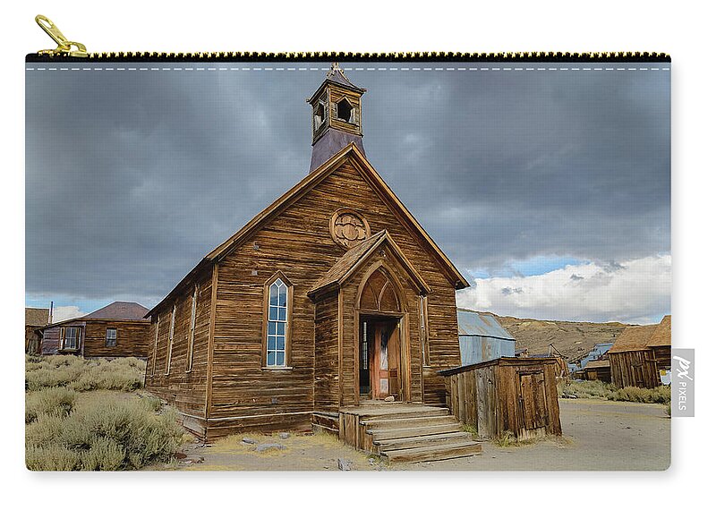 Bodie Zip Pouch featuring the photograph Bodie Church #1 by Mike Ronnebeck
