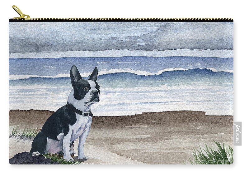 Boston Terrier Zip Pouch featuring the painting Boston Terrier At The Beach #2 by David Rogers