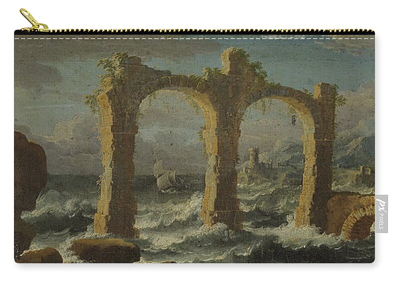 Leonardo Coccorante Napoli 1680 � 1750 Zip Pouch featuring the painting Capriccio with a storm on the sea by MotionAge Designs