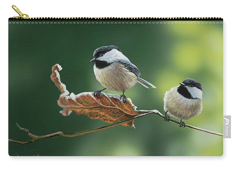 Chickadee Wildlife Songbird Bird Zip Pouch featuring the painting Chickadees #1 by Anthony J Padgett
