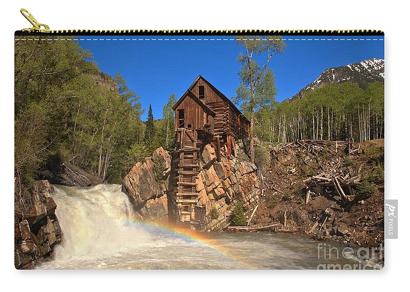 Crystal Mill Rainbow Zip Pouch featuring the photograph Crystal Mill Rainbow Portrait #1 by Adam Jewell