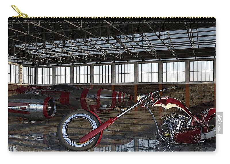Motorcycle # Chopper # Render # Panhead # Custom Chopper # Motorcycle Art # Usa # Reflections #hubless Chopper # Zip Pouch featuring the photograph Custom Chopper #1 by Louis Ferreira
