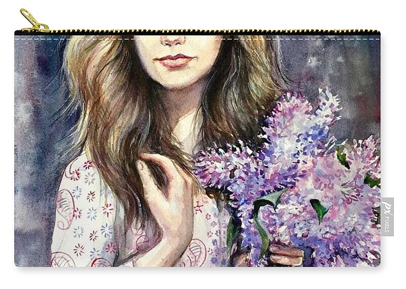 A Girl With Flowers Zip Pouch featuring the painting Diana #1 by Katerina Kovatcheva