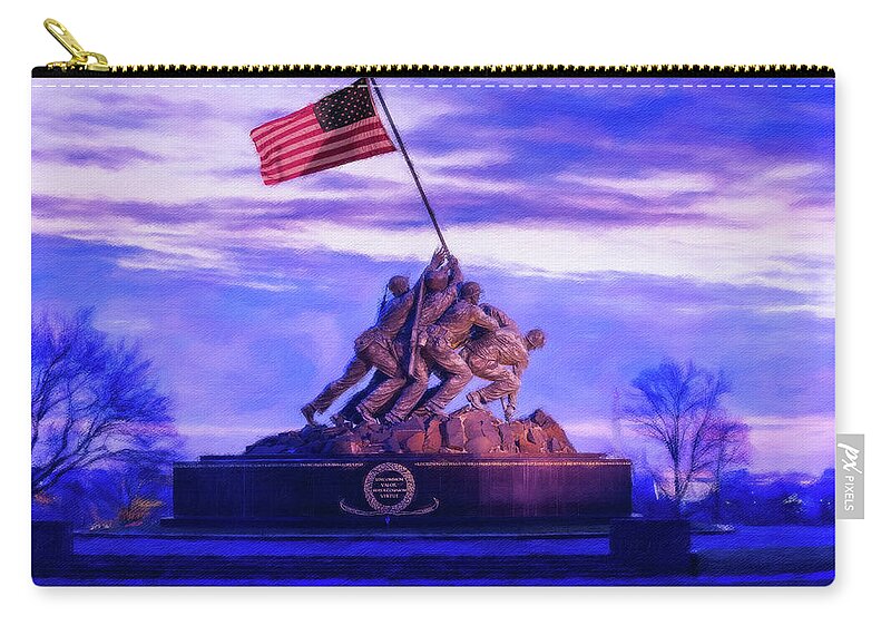America Zip Pouch featuring the photograph Digital painting of Iwo Jima Memorial at dawn as sun rises #1 by Steven Heap