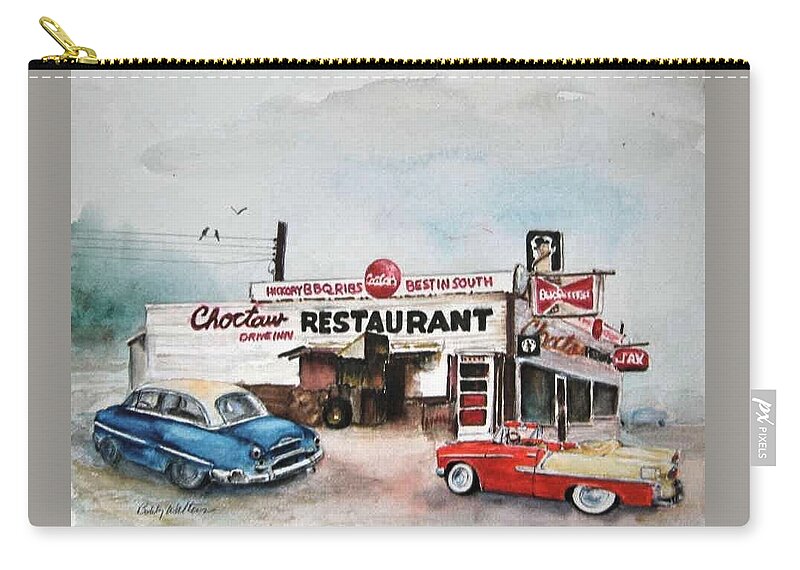 Old Restaurants Zip Pouch featuring the painting Elvis has left the building. #1 by Bobby Walters