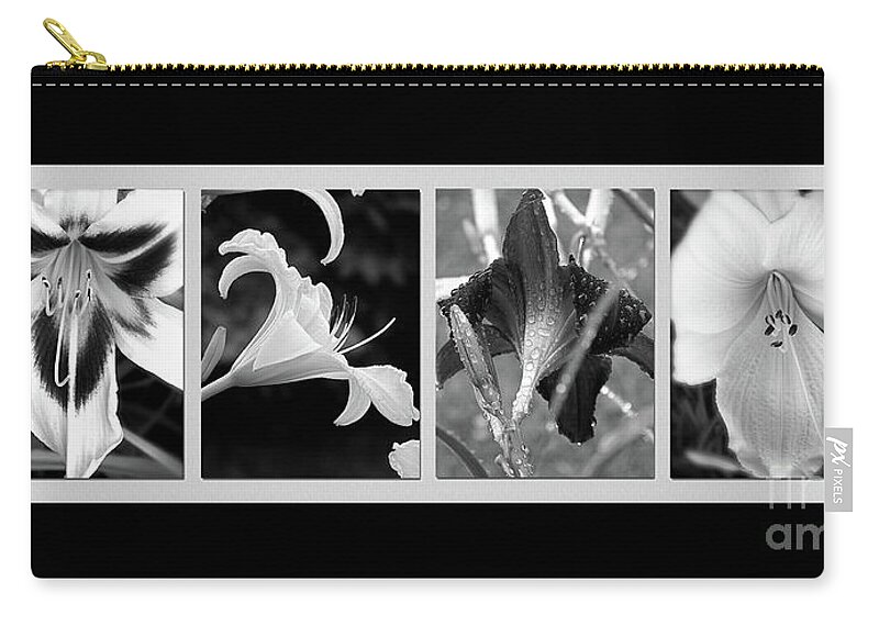 Black And White Photography Zip Pouch featuring the photograph Floral Collage #1 by Sue Stefanowicz
