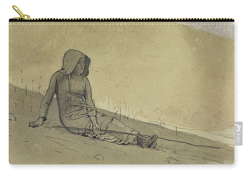 Winslow Homer Zip Pouch featuring the drawing Girl Seated on a Hillside #2 by Winslow Homer