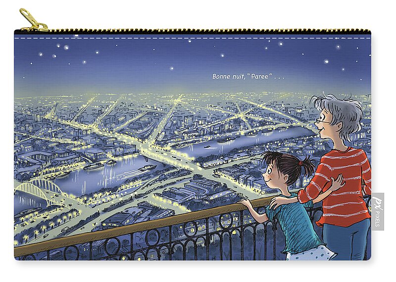 Paris Hop Zip Pouch featuring the digital art Good Night, Paris--With Text by Renee Andriani