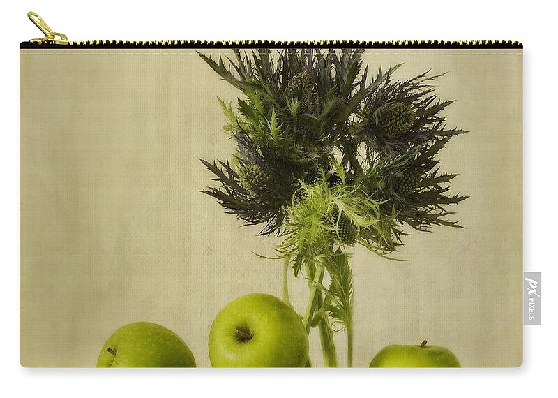 Apples Zip Pouch featuring the photograph Green Apples And Blue Thistles #1 by Priska Wettstein