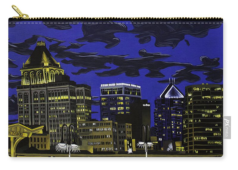 Greensboro Zip Pouch featuring the painting Greensboro Night Skyline #2 by John Gibbs