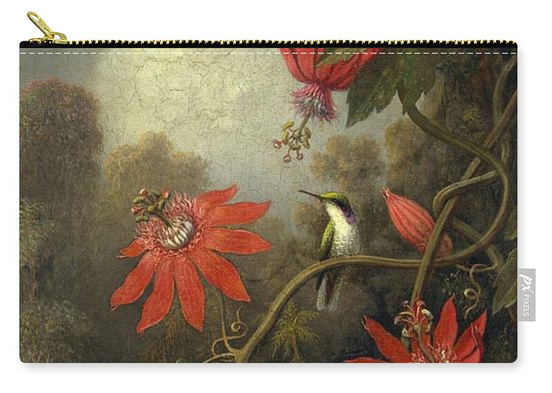 Martin Johnson Heade Zip Pouch featuring the painting Hummingbird And Passionflowers #1 by Martin Johnson Heade