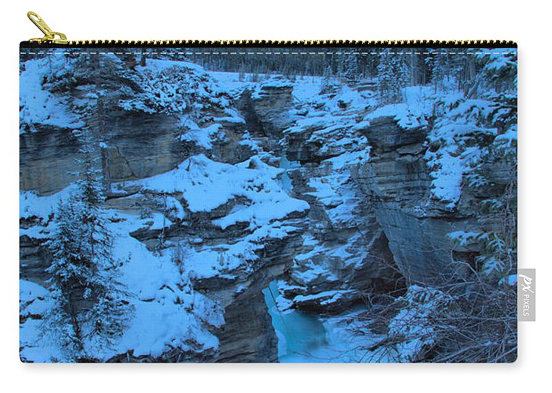 Athabasca Falls Zip Pouch featuring the photograph Icy Athabasca Falls #1 by Adam Jewell