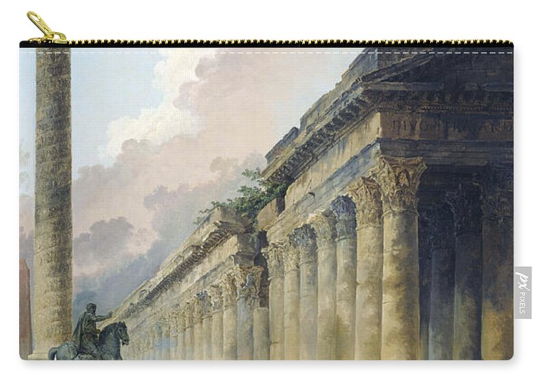 Hubert Robert Zip Pouch featuring the painting Imaginary View of Rome with Equestrian Statue of Marcus Aurelius, the Column of Trajan and a Temple by Hubert Robert