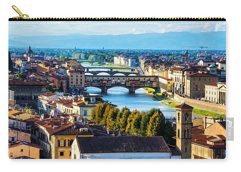 Georgia Mizuleva Zip Pouch featuring the digital art Impressions Of Florence - Arno River And The Bridges From Above by Georgia Mizuleva