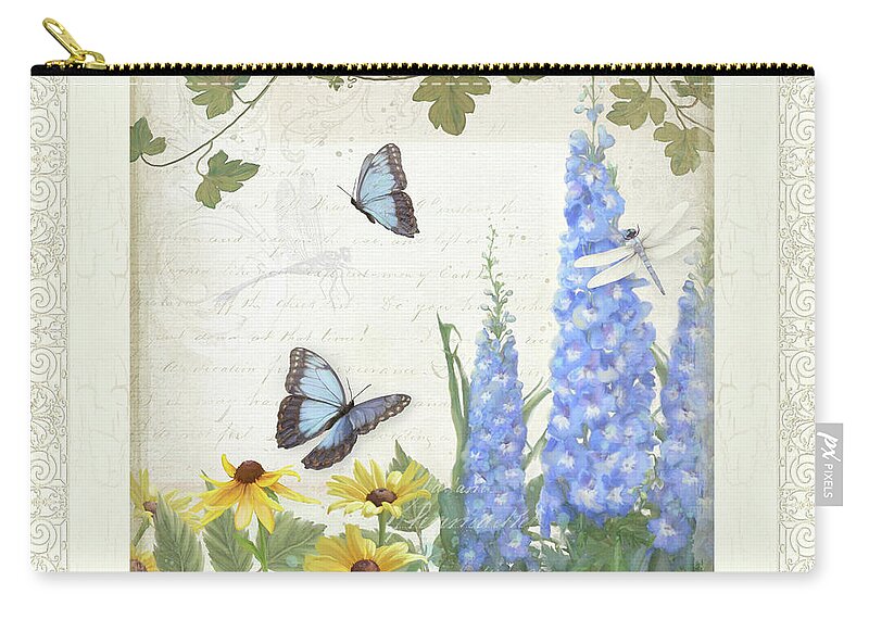 E Petit Jardin Carry-all Pouch featuring the painting Le Petit Jardin 1 - Garden Floral w Butterflies, Dragonflies, Daisies and Delphinium by Audrey Jeanne Roberts