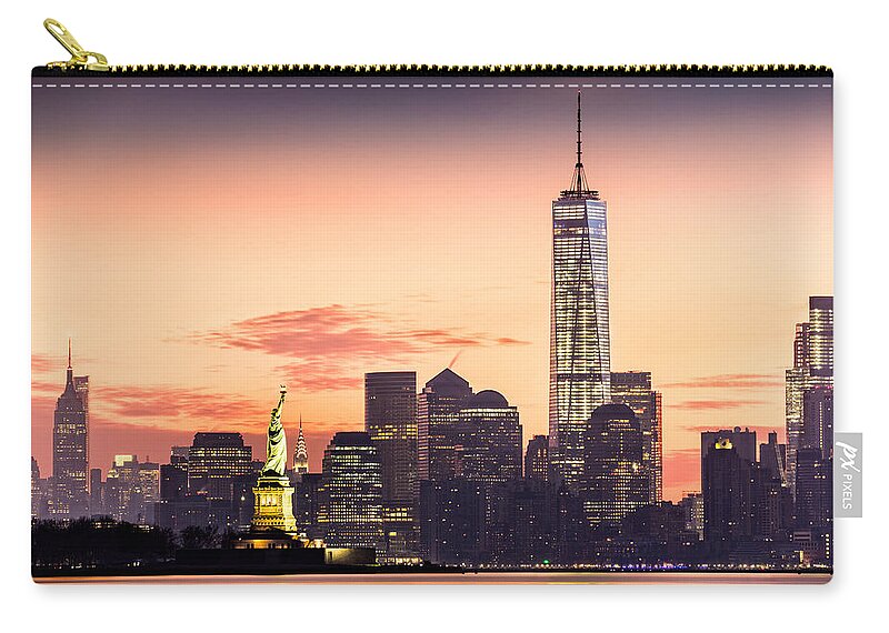 Hudson River Zip Pouch featuring the photograph Lower Manhattan and the Statue of Liberty at sunrise #1 by Mihai Andritoiu