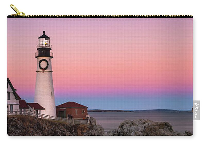 Maine Zip Pouch featuring the photograph Maine Portland Headlight Lighthouse at Sunset Panorama #1 by Ranjay Mitra
