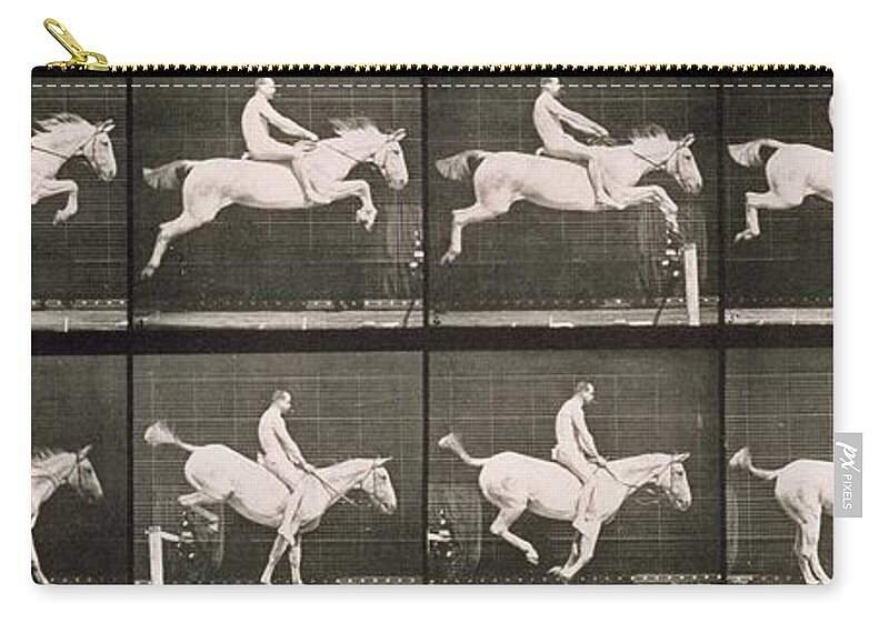Muybridge Zip Pouch featuring the photograph Man and horse jumping a fence by Eadweard Muybridge
