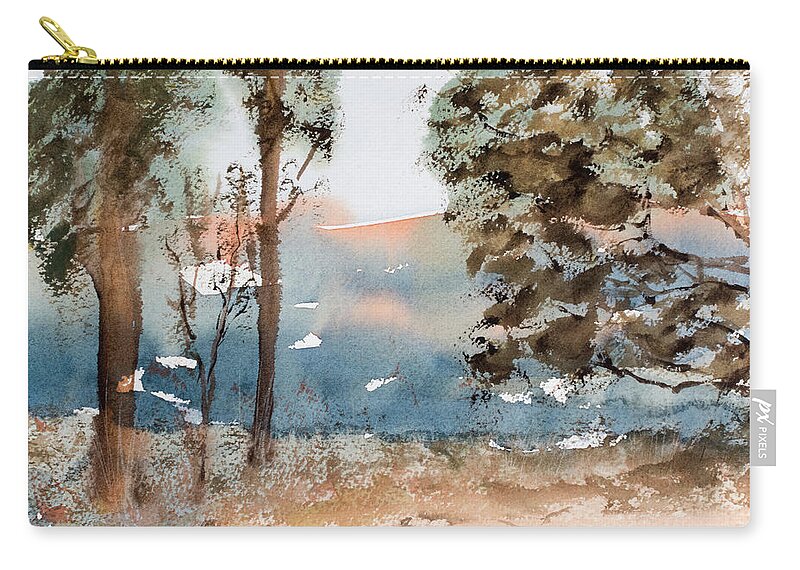 Australia Zip Pouch featuring the painting Mt Field Gum Tree Silhouettes against Salmon coloured Mountains by Dorothy Darden