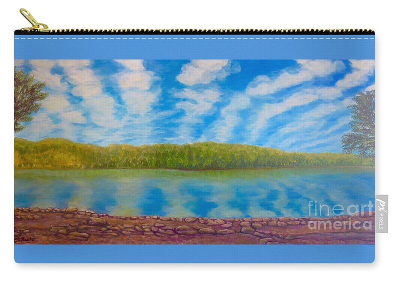 Serene Painting Fort Loudon Lake Reflection On Bright Blue Lake Water Nature Scene Lake Paintings Acrylic Paintings Zip Pouch featuring the painting My Serenity Lies in a Place Between Heaven and Earth #1 by Kimberlee Baxter