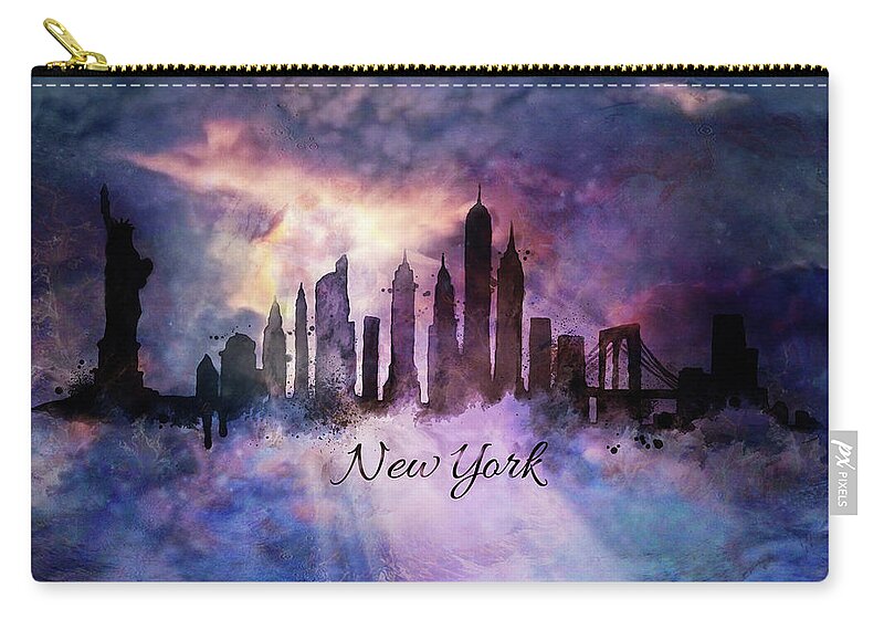 New York Skyline Zip Pouch featuring the painting New york city skyline in the clouds #1 by Lilia S